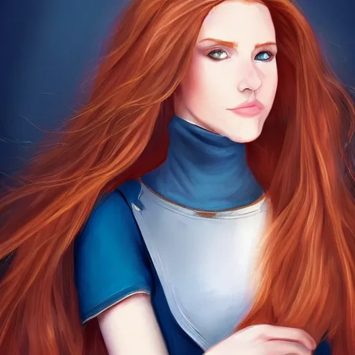 Prompt: a portrait of a young woman with auburn hair, smart, rich, traveling clothes, artist, artistic, shallan davar, blue eyes, beautiful, smiling, thick hair, dnd, rpg, shy, quick witted, artgerm style