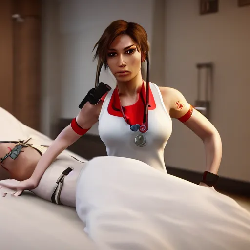 Image similar to lara croft, wearing a nurse outfit, resting on a hospital bed, real photo, hospital interior, intricate, soft lighting, cinematic composition, hyper realistic, 8k resolution, unreal engine 5