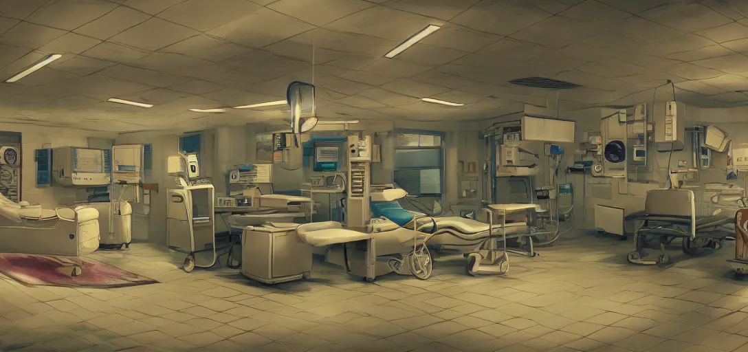 Prompt: retro hospital concept art, 8 k photorealistic, hd, high details, trending on artstation