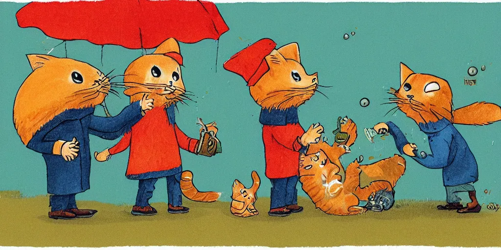 Image similar to a beard man and an orange tabby kitten standing in the rain by richard scarry