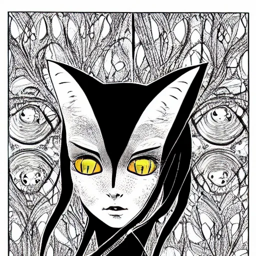 Image similar to portrait of a beautiful woman, gothic, cat eyes, high detail, illustration by junji ito