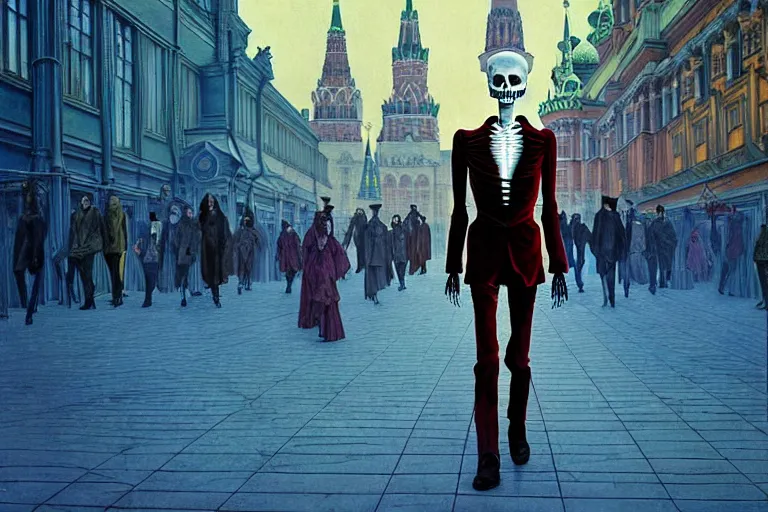 Image similar to realistic detailed photorealistic film portrait shot of a single skeleton wearing crimson velvet blazer in a crowded futuristic moscow street by Denis Villeneuve, Amano, Yves Tanguy, Alphonse Mucha, Ernst Haeckel, Andrei Tarkovsky, Edward Robert Hughes, Roger Dean, rich moody colours, wide angle, blue eyes