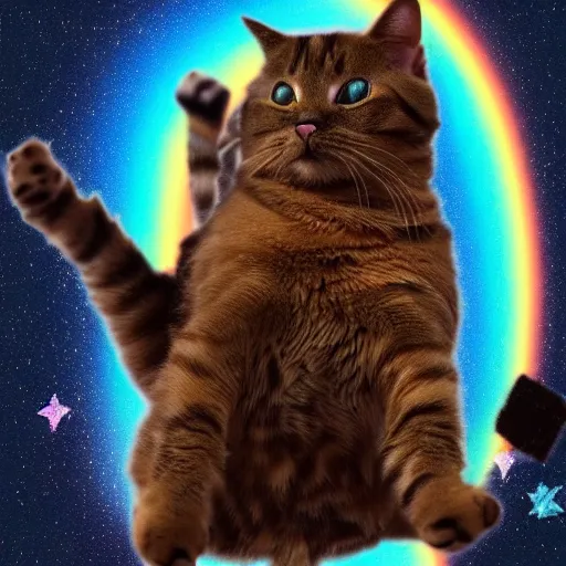 Image similar to cat with a poptart body flying through space pooping rainbows