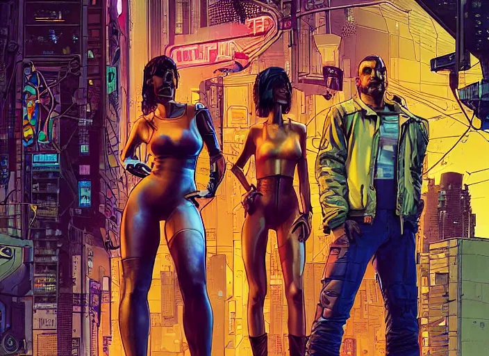 Image similar to cyberpunk heist crew. portrait by stonehouse and mœbius and will eisner and gil elvgren and pixar. character design. realistic proportions. dystopian. cyberpunk 2 0 7 7, apex, blade runner 2 0 4 9 concept art. cel shading. attractive face. thick lines. hi def 4 k. detailed scene.