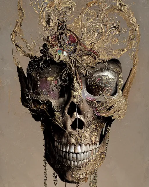 Image similar to A boney thin body girl humanoid with teared viscose clothes wearing a carved mineral mask with tiny mineral and gold incrustations. skull bones, , hyper detailed, insane details, intricate, elite, ornate, elegant, luxury, by Ismail inceoglu dragan bibin hans thoma greg rutkowski Alexandros Pyromallis Nekro Rene Maritte Illustrated, Perfect face, fine details, realistic shaded, fine-face, pretty face