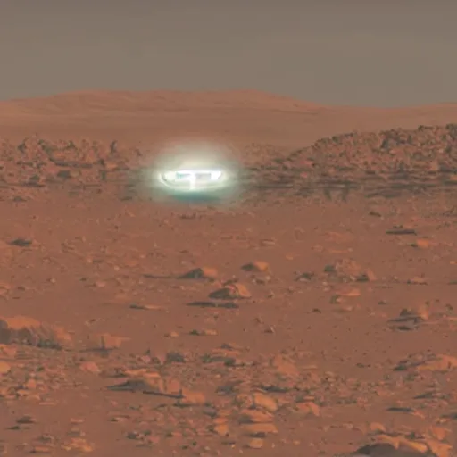 Prompt: bus moves next to alien spaceship on the mars