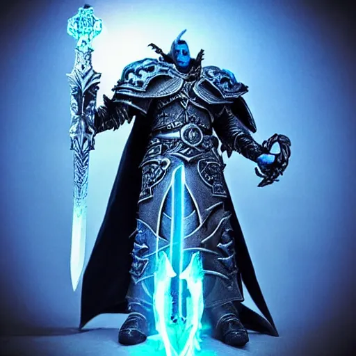 Image similar to “ arthas the lich king with his sword on blue fire ”