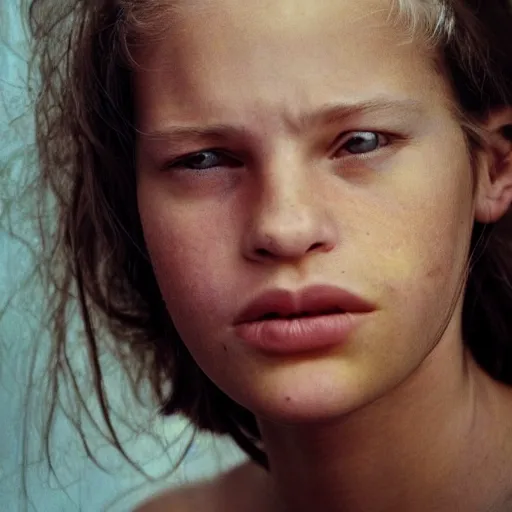 Image similar to a candid extreme closeup portrait of an expressive face of a mind blown young woman by annie leibovitz