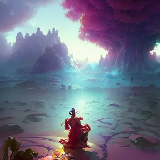 Prompt: masterpiece digital art airbush fantasy vibrant colors weird by peter mohrbacher, makoto shinkai, justin gerard, wlop, andreas rocha, rhads, syd mead, alex grey