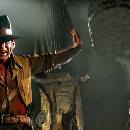 Image similar to a still of from the movie indiana jones and the temple of doom crossover with the game dark souls ii