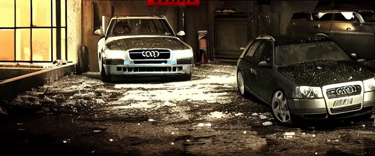 Image similar to Audi A4 B6 Avant (2002), a gritty neo-noir, dramatic lighting, cinematic, eerie person, death, homicide, homicide in the snow, viscera splattered, gunshots, bullet holes, establishing shot, extremely high detail, cracked windows, photorealistic, arson, makeshift grave, cinematic lighting, artstation, by simon stalenhag, Max Payne (PC) (2001) winter New York at night, In the style of Max Payne 1 graphic novel, flashing lights, Poets of the Fall - Late Goodbye