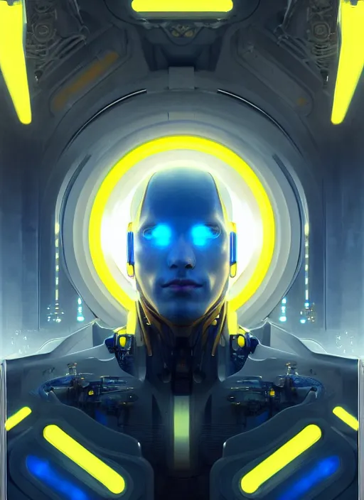 Image similar to symmetry!! portrait of a cyborg man, sci - fi, tech wear, blue and yellow glowing lights!! intricate, elegant, highly detailed, digital painting, artstation, concept art, smooth, sharp focus, illustration, art by artgerm and greg rutkowski and alphonse mucha