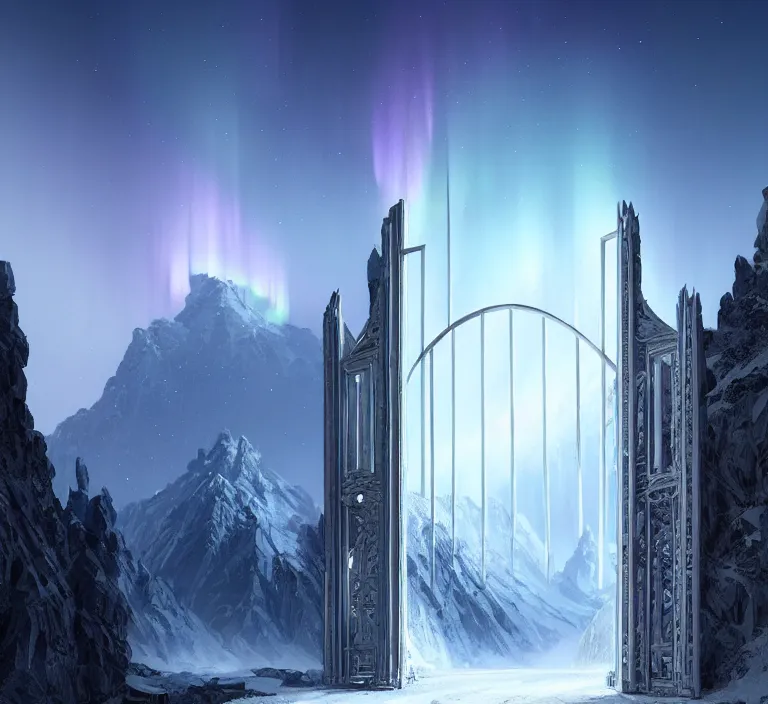 Prompt: a very detailed concept art of intricate and well designed white gates to epic mountains, infused with aurora borealis by greg rutkowski, dynamic lighting trending on artstation, symmetry, digital art, 4 k, hyper realistic, octane render, sharp focus