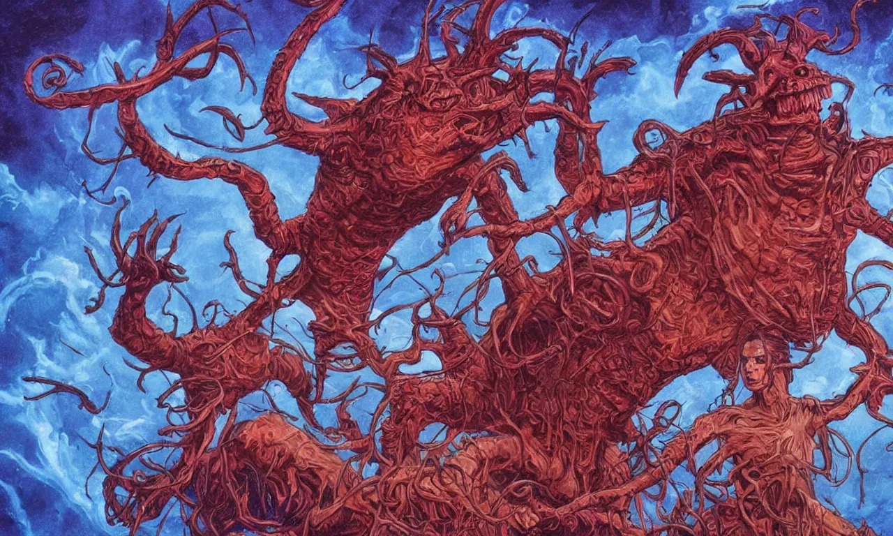 Image similar to demigorgon from stranger things in magic : the gathering card art. high saturation painting in the style of rebecca guay.