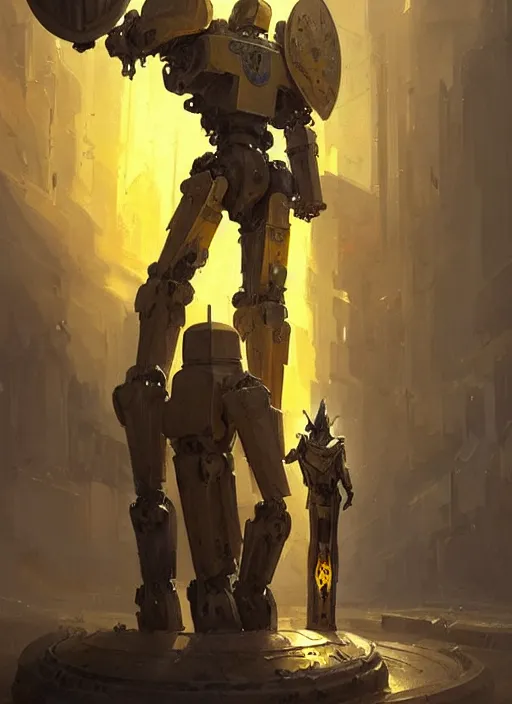 Prompt: tall strong intricate yellow pit droid holding large paladin medieval shield!!! and a long medieval engraved powerful great sword, pancake short large head painterly humanoid mecha, beautiful fantasy background by Greg Rutkowski