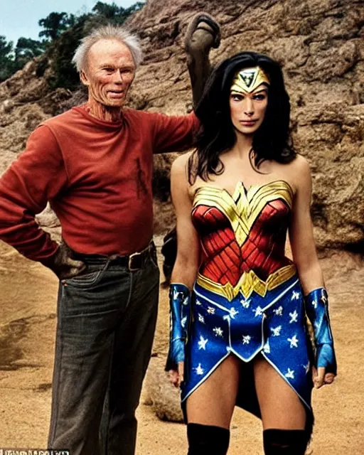 Prompt: a Chimpanzee dressed as Wonder Woman stands next to Clint Eastwood photographed in the style of Annie Leibovitz, photorealistic