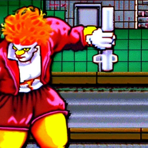 Image similar to screenshot of ronald mcdonald, white face, red afro, red nose and yellow outfit as an enemy in streets of rage video game, sega genesis video game, upscaled to high resolution