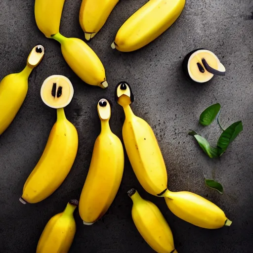 Image similar to professional photograph of banana ducks, peeled bananas with googly eyes and duck beaks