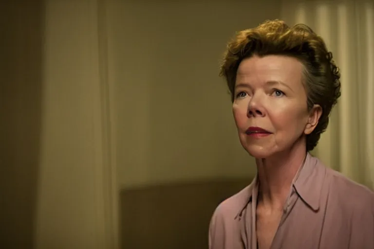 Image similar to film still of annette bening i'm cosmic horror! the musical by david cronenberg, 3 5 mm film, atmospheric, ultra fine detail, film grain, photorealistic