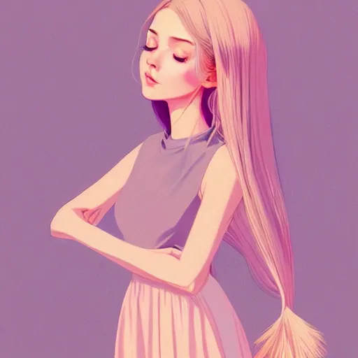 Image similar to young female in summer dress art, pastel light pink long hair, muted colors, matte print, pastel colors, ornate, digital art, digital painting, fan art, elegant, artstation, head is centered, by Ilya Kuvshinov