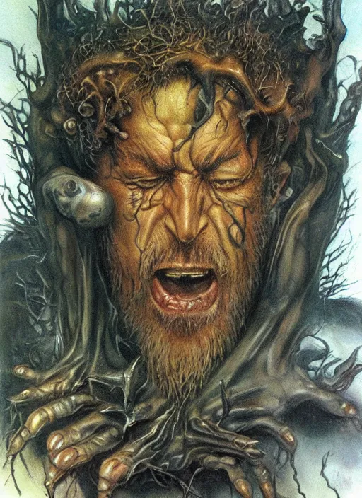 Image similar to portrait of grizzled male god of the damned, black iron crown, claw scars, strong line, deep color, forest, beautiful! coherent! by boris vallejo, by brian froud