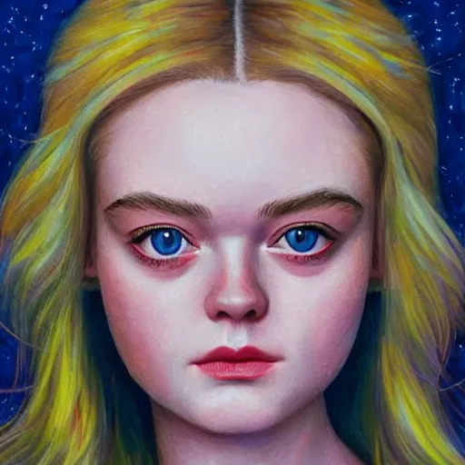 Prompt: professional painting of Elle Fanning in the style of Johfra Bosschart, head and shoulders portrait, symmetrical facial features, smooth, sharp focus, illustration, intricate, stormy weather, extremely detailed masterpiece,