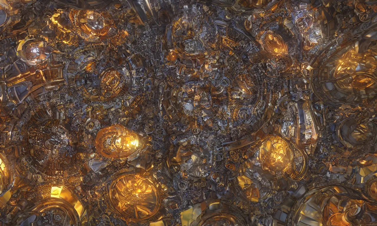 Image similar to steampunk engine laboratory 3 d volume kaleidoscope fractal voronoi metal chakra digital multicolor stylized concept substance natural color scheme, global illumination ray tracing hdr fanart arstation by sung choi and eric pfeiffer and gabriel garza and casper konefal