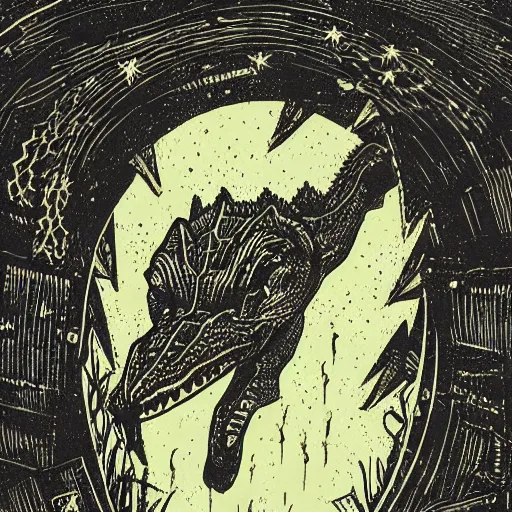 Image similar to Woodcut portrait of a beautiful cute crocodile with robot ears by falling into the stars greg rutkowski, 4k, intricate details