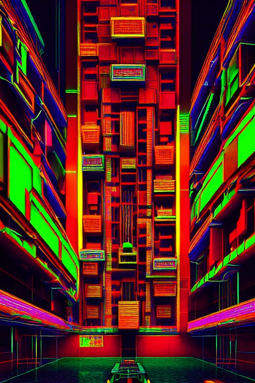 Image similar to high quality 3 d render colorful cyberpunk brutalist hanuman head building, neon yellow madhubani, highly detailed, in sci - fi mumbai, unreal engine cinematic smooth, liam wong, moody light, low angle, uhd 8 k, sharp focus