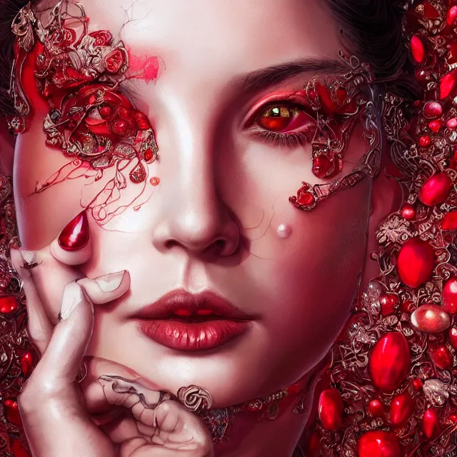 Image similar to studio portrait of absurdly beautiful, elegant, young woman made of rubies and red gems, ultrafine hyperrealistic detailed face illustration by kim jung gi, irakli nadar, intricate linework, sharp focus, bright colors, matte, octopath traveler, final fantasy, unreal engine highly rendered, global illumination, radiant light, intricate environment