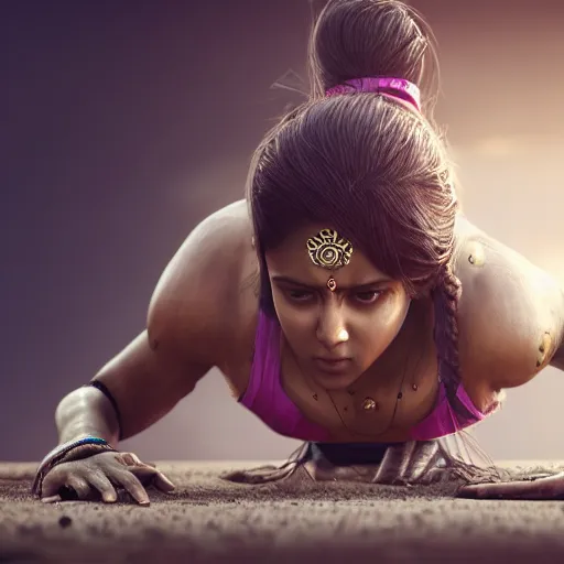 Prompt: indian woman doing push ups, ultra realistic, concept art, intricate details, highly detailed, photorealistic, octane render, 8 k, unreal engine