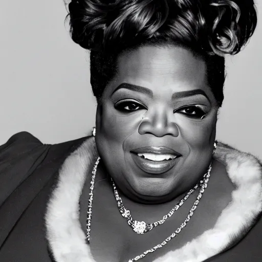 Prompt: a candid portrait photograph of Oprah Winfrey dressed as The Notorious B.I.G, in the style of Chi Mondu, shallow depth of field, 40mm lens