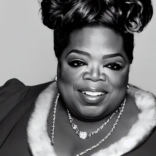 Image similar to a candid portrait photograph of Oprah Winfrey dressed as The Notorious B.I.G, in the style of Chi Mondu, shallow depth of field, 40mm lens