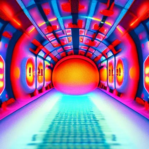 Image similar to underground cinema, realistic architecture, colorfull lights, octane render, 4k, 8k, fractals, psychedelic