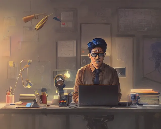 Image similar to an insanely detailed painting of a nerdy asian man wearing a superhero costume, sitting at a desk, staring at the nervously at the computer and typing, in the style of peter mohrbacher, dramatic lighting and composition, octane render, pixar, trending on artstation, concept art, comic book, view from behind