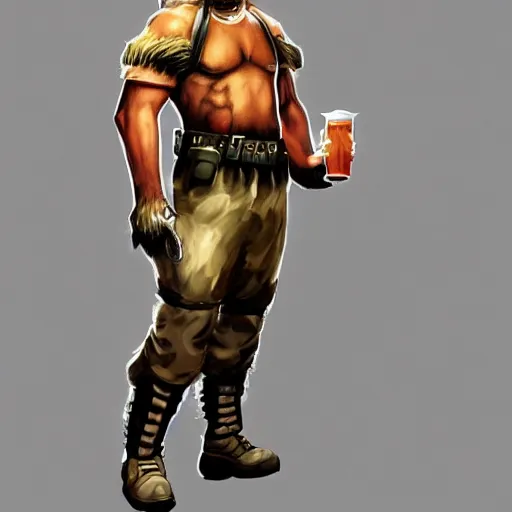 Image similar to a humanoid german shepherd beast - man in military style, holding a bottle of beer, artstation, concept art, smooth, sharp foccus ilustration, artstation