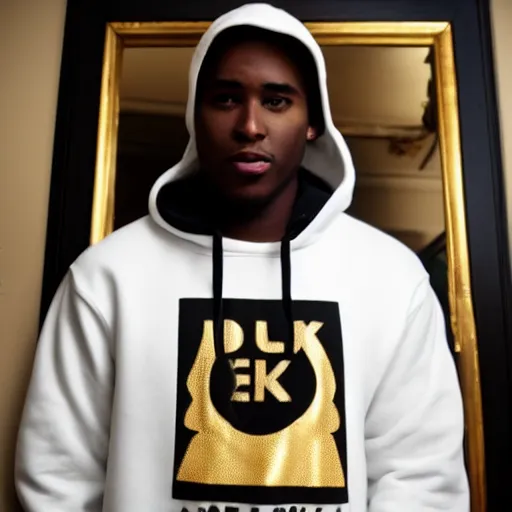 Image similar to cool black guy, wearing a golden kappa hooded sweatshirt, photo inside apartment, digital camera