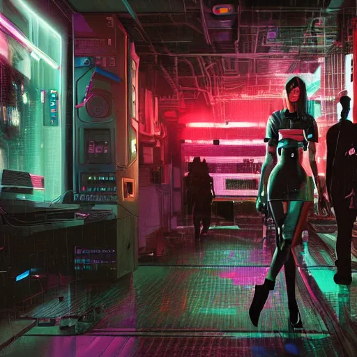 Image similar to a digital illustration of a cyberpunk fashion girl wearing street urban futuristic cyberpunk clothing in the interior of a cyberpunk lab, inside there are drones and robots and a vending machine with neon lighting and foggy environment by craig mullins, 3d scene, render, ultra realistic, ray tracing, night time, volumetric light, artstation, cgsociety, level design, unreal engine, 3d scene, zenith view