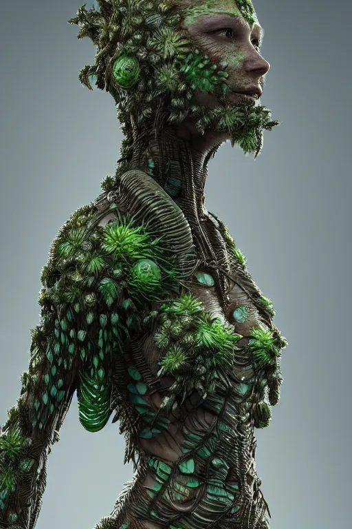 Image similar to skin concept costume, in full growth, biopunk, plant predator, predator, trypophobia, plants and worms, many details, crystals, guyver style, 3 d, cinematic, hyper realism, high detail, octane render, art by hans giger