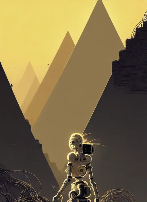 Prompt: highly detailed portrait of a robotoc cyborg long curly white hair nomadic tribal lady, stray wiring by atey ghailan, james gilleard, by joe fenton, by greg rutkowski, by greg tocchini, by kaethe butcher, 4 k resolution, gradient yellow, black and white color scheme!!! ( ( sandstorm robotic pyramid landscape background ) )