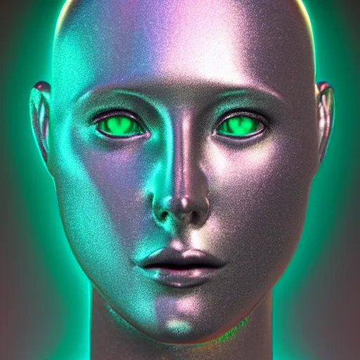 Image similar to 3d render of holographic human robotic head made of glossy iridescent, surrealistic 3d illustration of a human face non-binary, non binary model, 3d model human, cryengine, made of holographic texture, holographic material, holographic rainbow, concept of cyborg and artificial intelligence