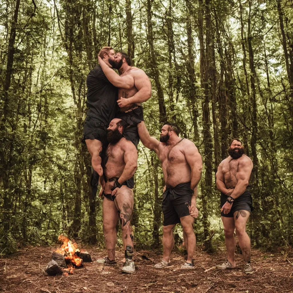 Image similar to two big hairy strongmen husbands in shorts in a forest, kissing around a campfire, daddy energy, wholesome, cute, love, photography, high details, epic, high resolution