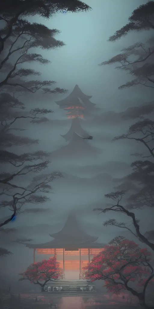 Image similar to foggy japanese shrine!!! a highly detailed cinematic oil painting by roger dean and alena aenami, dynamic lighting