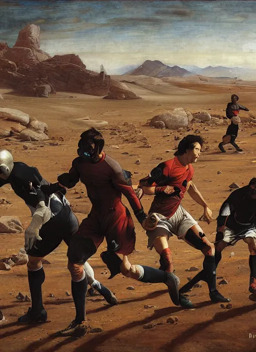 Image similar to a soccer match on mars by edgar maxence and caravaggio and michael whelan and delacroix style, artistic, intricate painting, cinematic lighting, hyper realistic, extremely detailed, establishing shot, 8 k resolution, dramatic lighting