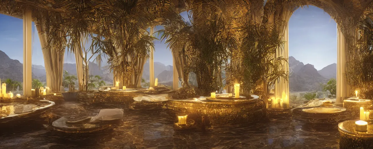 Image similar to surreal hyper luxury spa with intricate golden details with view to arid mountains and palm forest, god rays, candles, ultra detailed, photorealism, sharp focus, volumetric light, global illumination