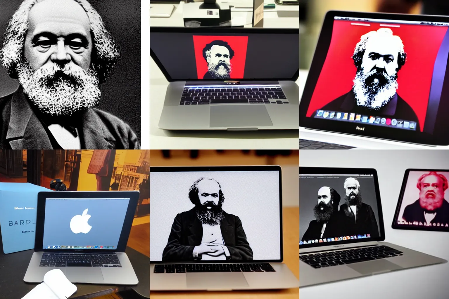 Prompt: Karl Marx presents new macbook