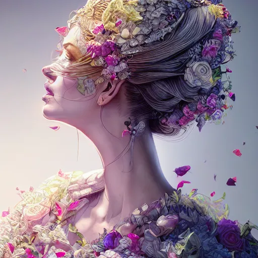 Image similar to the portrait of an absurdly beautiful, graceful, elegant mature young woman made of petals looking up, an ultrafine detailed illustration by kim jung gi, irakli nadar, intricate linework, bright colors, octopath traveler, final fantasy, angular, unreal engine 5 highly rendered, global illumination, radiant light, detailed and intricate environment