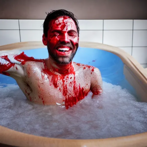 Image similar to a man smiling while taking a bath in blood