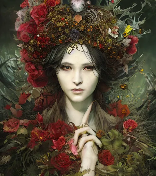 Image similar to portrait of the supreme queen of the blood cult, surrounded overgrowth and flowers 🍂 by Akihiko Yoshida, Yoshitaka Amano,Marc Simonetti, karol bak, WLOP, James Jean, tom bagshaw, rococo, trending on artstation, fantasy magic fashion girl portrait, glossy eyes, face, fantasy, elegant, highly detailed, digital painting, concept art, smooth, sharp focus, illustration, cinematic lighting, hyper realism, octane render, 8k, hyper detailed.