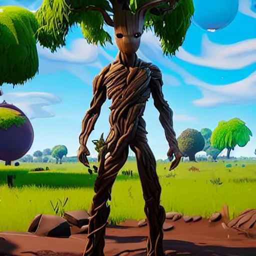 Prompt: Groot in Fortnite. Unreal Engine, Fortnite game graphics